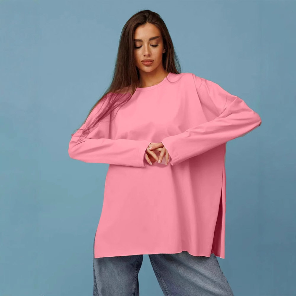 Womens Long Sleeve T Shirt Loose Fit Cotton Fabric Split Hem Casual Spring and Autumn Wear Wholesale Available