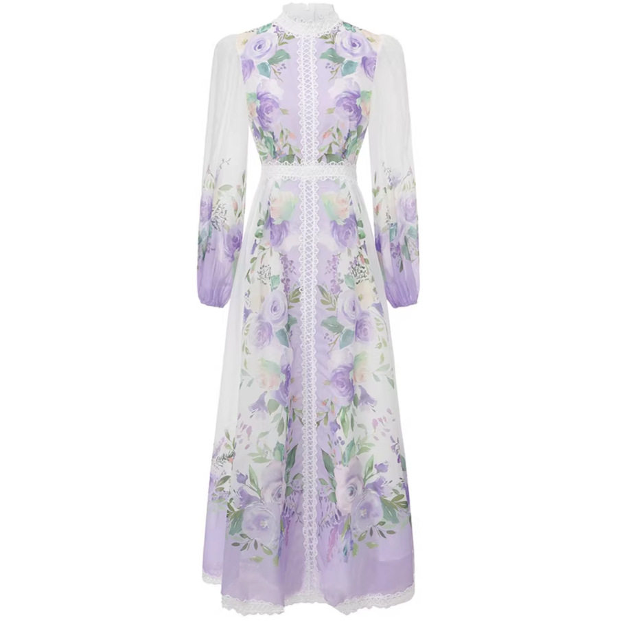 Vintage French Style Lace Printed Round Neck Dress for Women Spring and Autumn Waist Defining Flowy A Line Elegant