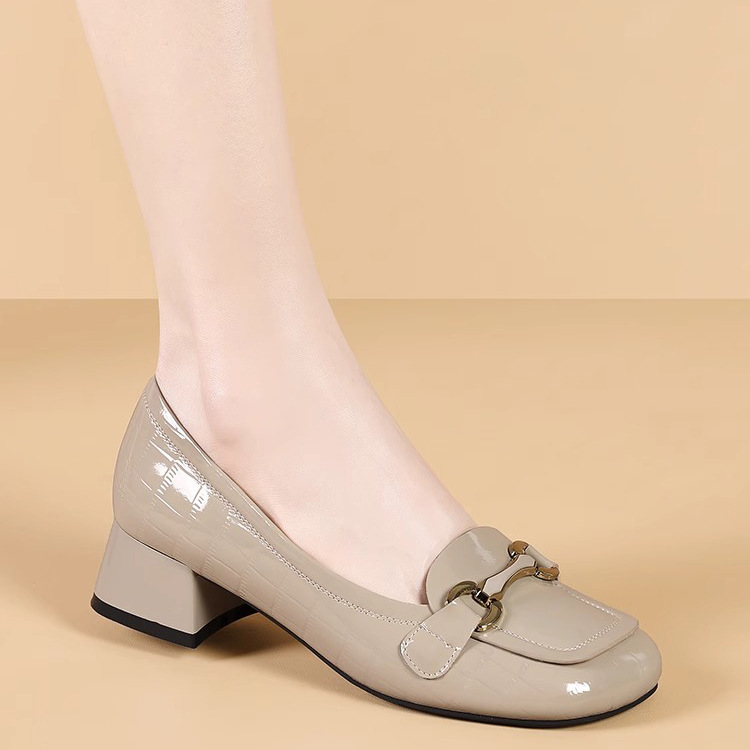 Giày lười nữ mũi vuông gót thô 3-6cm da PU mềm êm chân — Màu đen, Màu đỏ rượu, Màu mơ