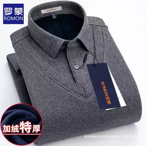 Romon Men's Fleece-Lined Thickened Two-In-One Autumn and Winter Shirt Collar Pullover Sweater Casual Warm Knit Sweater