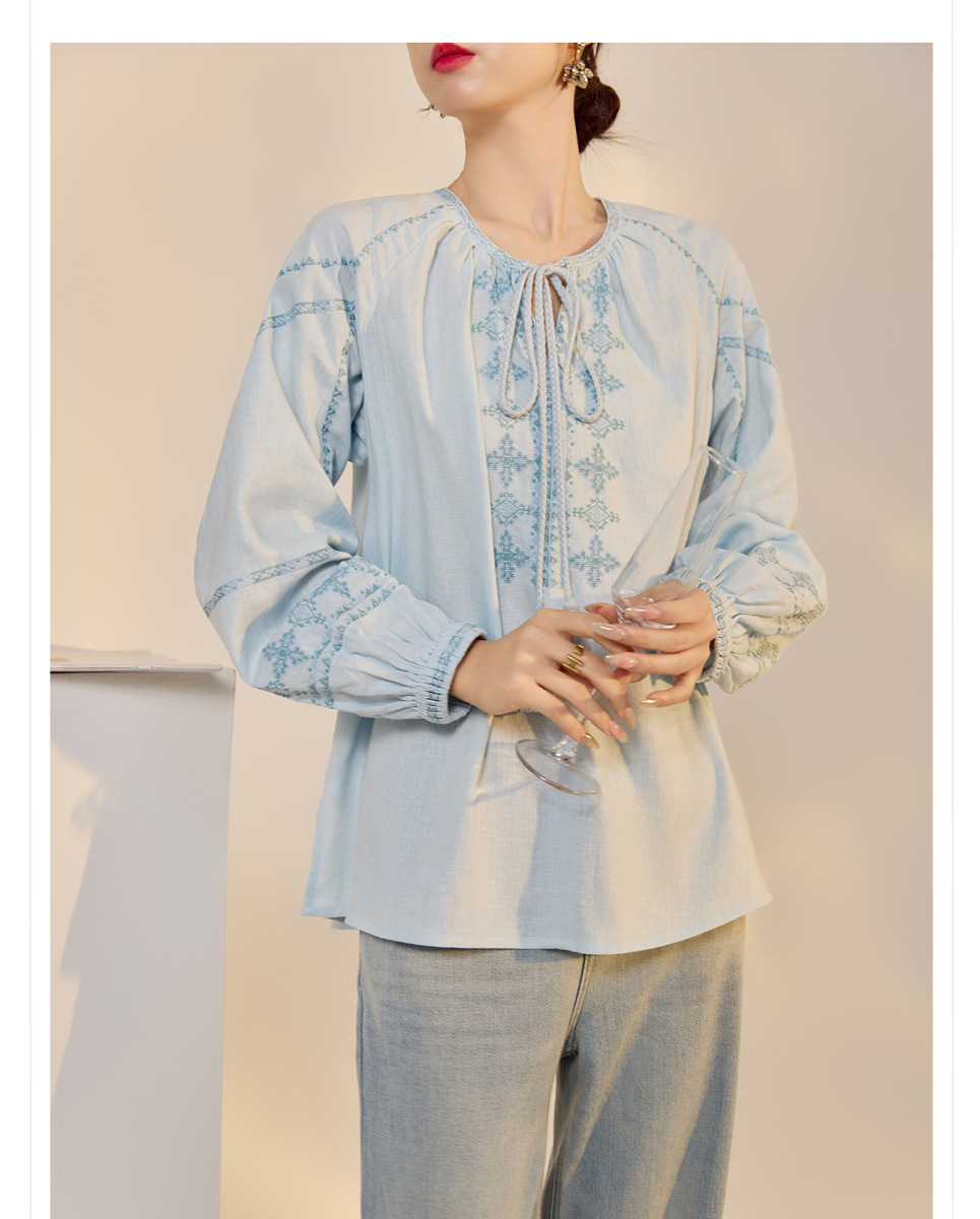 Áo sơ mi nữ linen dài tay thêu họa tiết dáng rộng — Màu trắng be, Màu xanh đậm, Màu xanh lam nhạt