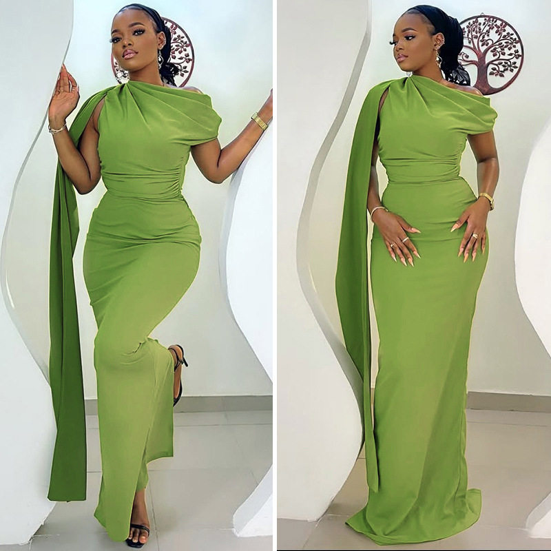 Elegant Womens Midi Dress Slim Fit Ruffled Asymmetrical Neckline Solid Color Tie Detail Perfect for Formal