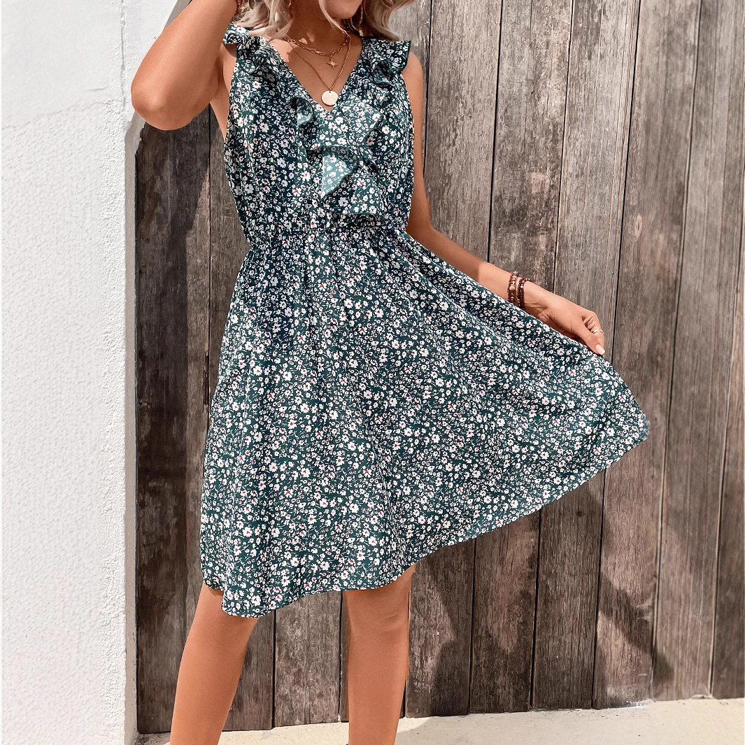 Floral Print V Neck Dress Fashionable Casual Lightweight Fabric Perfect for Spring Summer Occasions Wholesale
