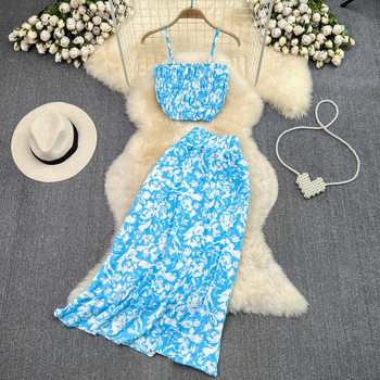 Fashion Suit Women's Sexy Pleated Tube Top Two-Piece Camisole High Waist Slimming Printed Skirt for Summer