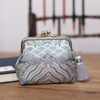 Holiday Gift Retro Chinese Style Women's Silk Brocade Forged Double-Layer Tassel Coin Purse Coin Bag Storage Bag