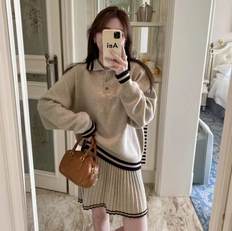Sweet Elegant Polo Collar Loose Slim Knitted Sweater Women's College Style Autumn New Pleated Skirt Two-Piece Set