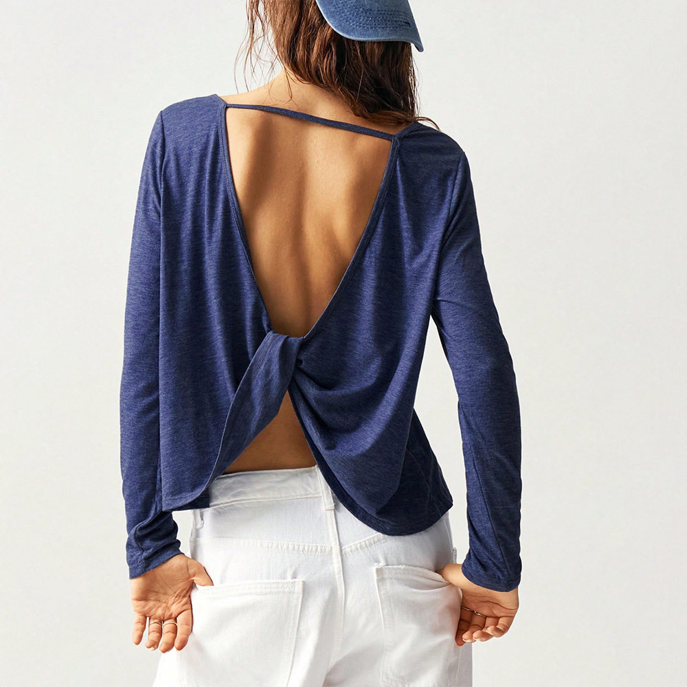 Casual Loose Fit Long Sleeve T Shirt Solid Color Backless Design Spring Summer Style Wholesale Available