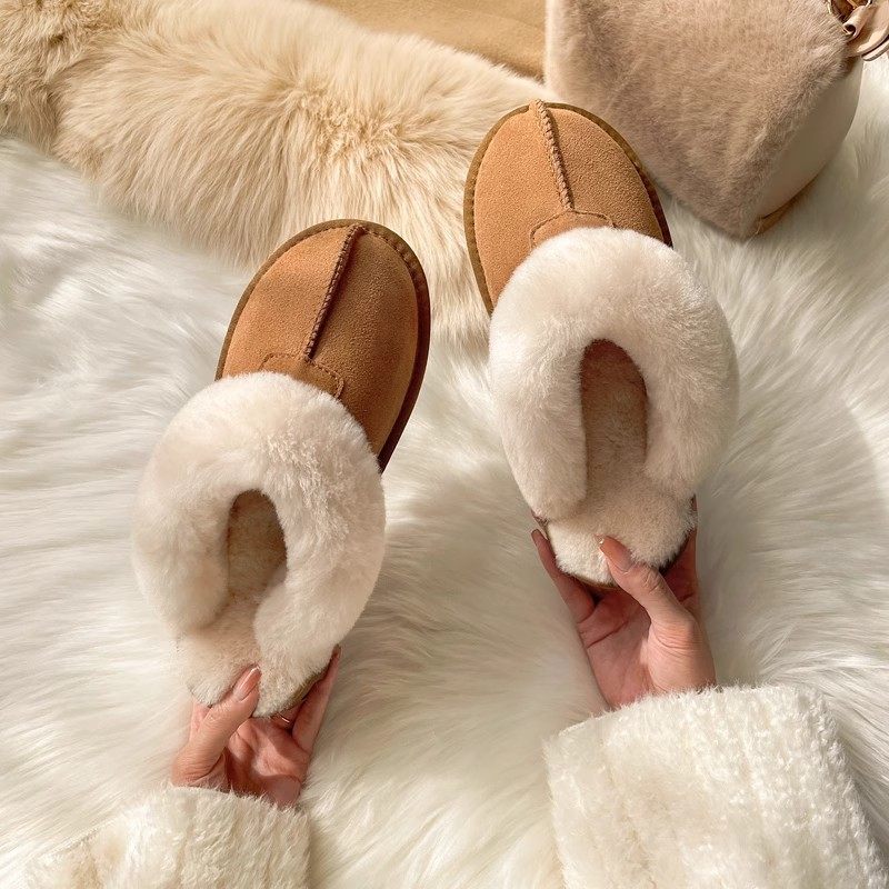 Henan Sangpo Sheepskin One-piece Flat Bottom Baotou Mao Wool Slippers for Men and Women fleece-lined Warm Cotton Slippers
