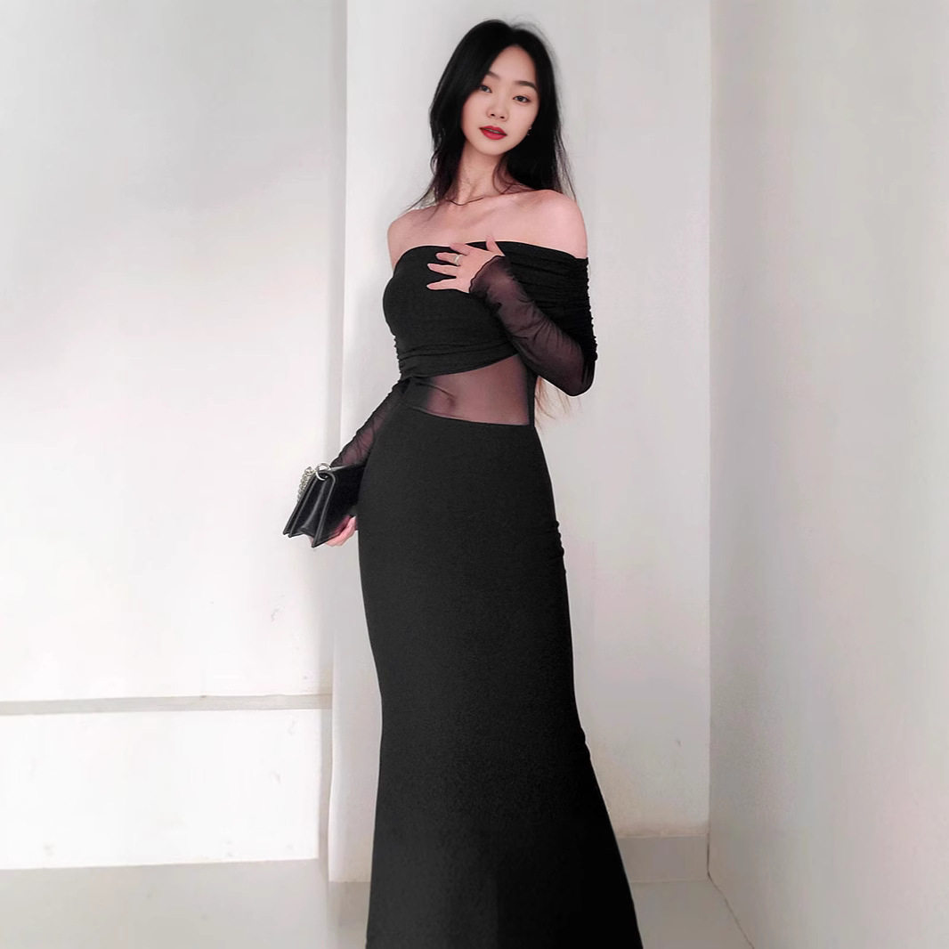 Off Shoulder Ruched Long Sleeve Dress Elegant French Style Autumn Fashion Sexy Silhouette Wholesale Available