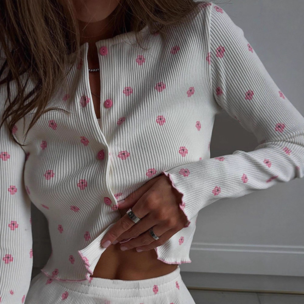 Floral Print Long Sleeve Loungewear Set Ruffled Edges Comfortable Fit Casual Style Perfect for Spring and Autumn