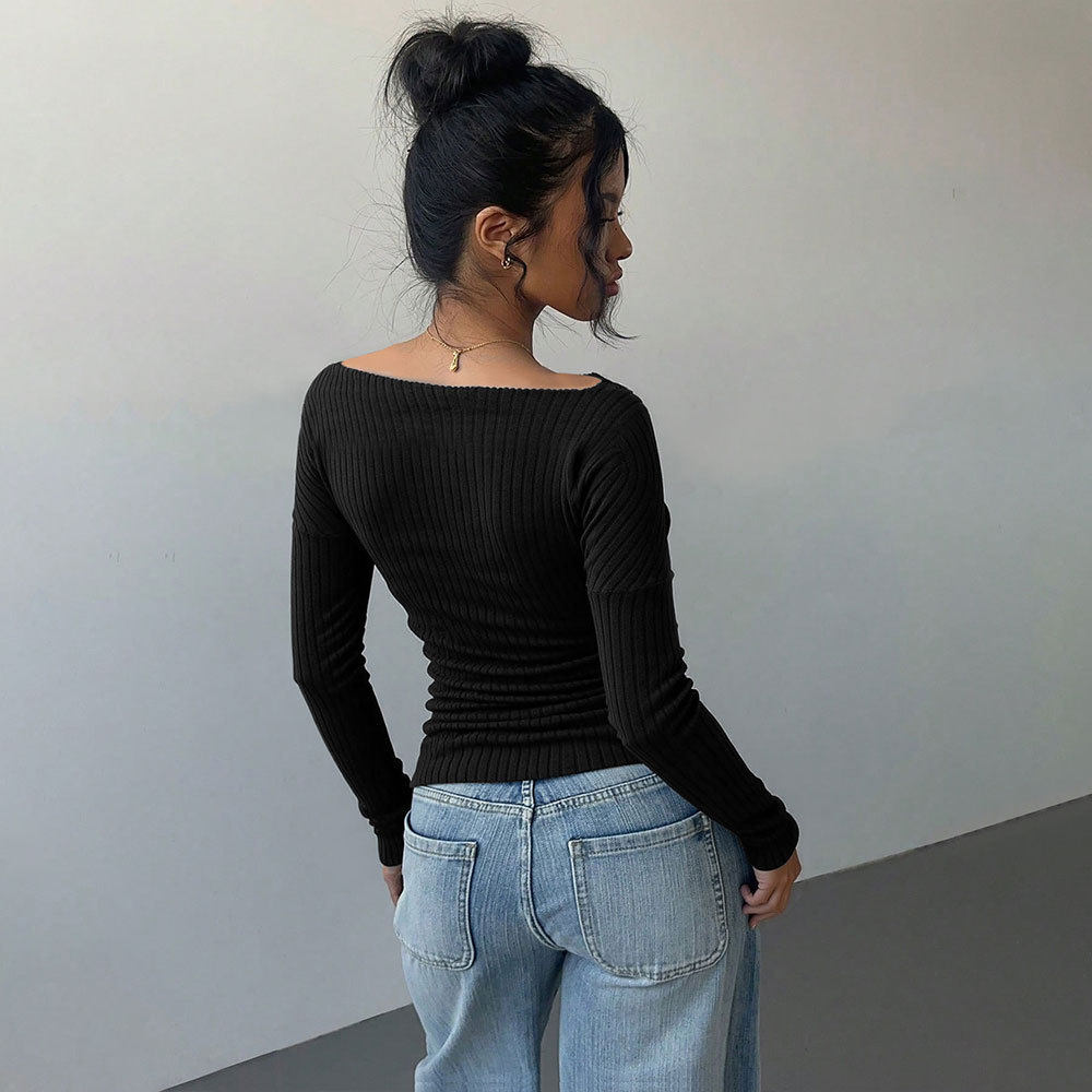 V Neck Long Sleeve Ribbed Knit Top Soft Fabric Slim Fit Solid Color Casual Wear for Women Wholesale Available