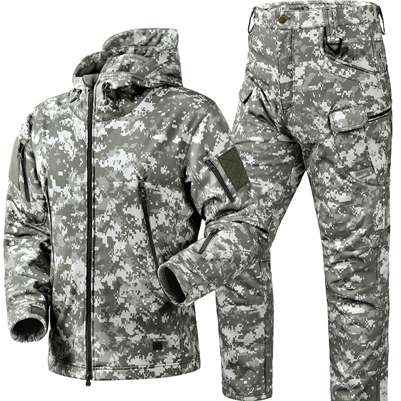 Cross-Border Autumn and Winter Outdoor Sharkskin Jacket Plus Velvet Warm Soft Shell Camouflage Windbreaker Hunting Suit