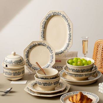 Rose Series French Retro Soup Bowl Glazed Ceramic Tableware Household High-Value Octagonal Plate Rice Bowl Wholesale