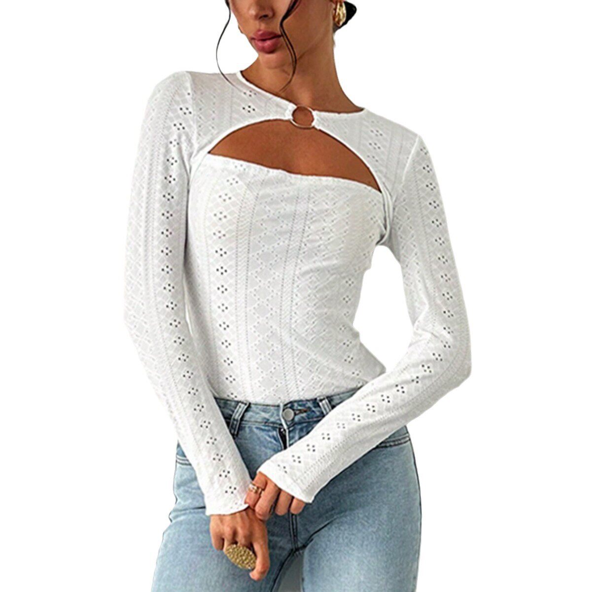 Elegant Womens T Shirt Minimalist Design Lace Hollow Out Long Sleeve Spring Summer Fashion Versatile for Work