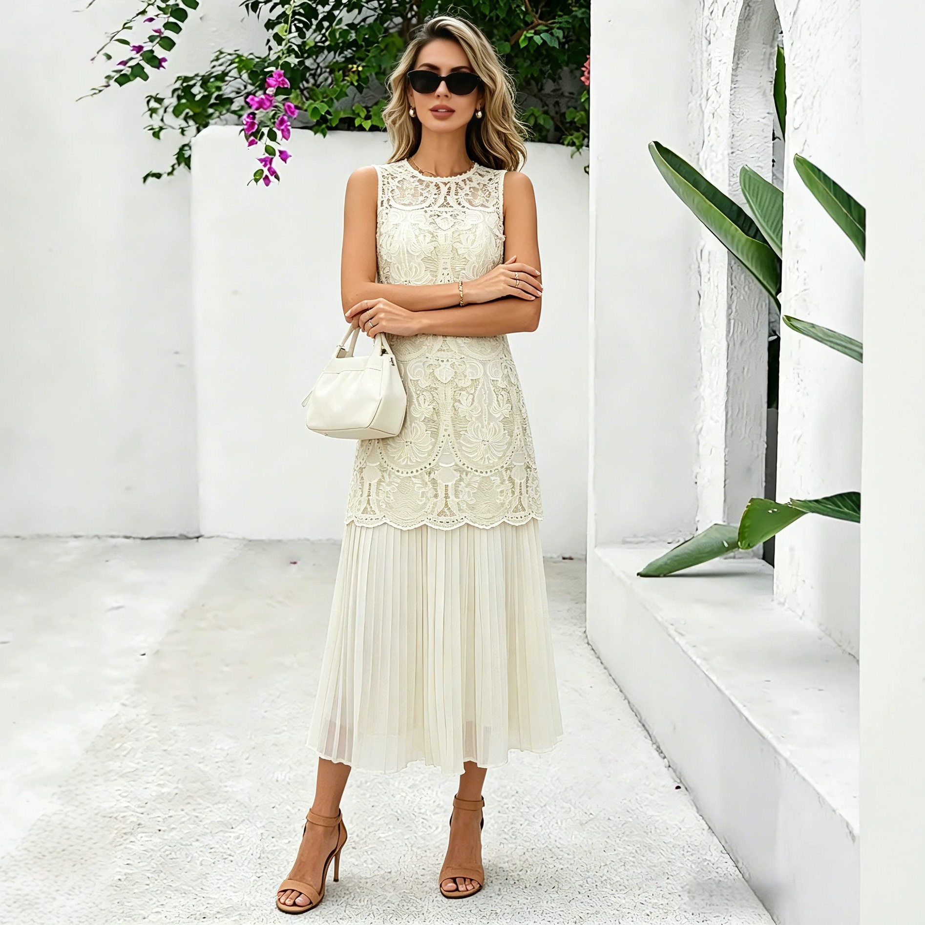 French Style Sleeveless Midi Dress Embroidered Jacquard Pleated Design Unique Aesthetic Summer Fashion Wholesale