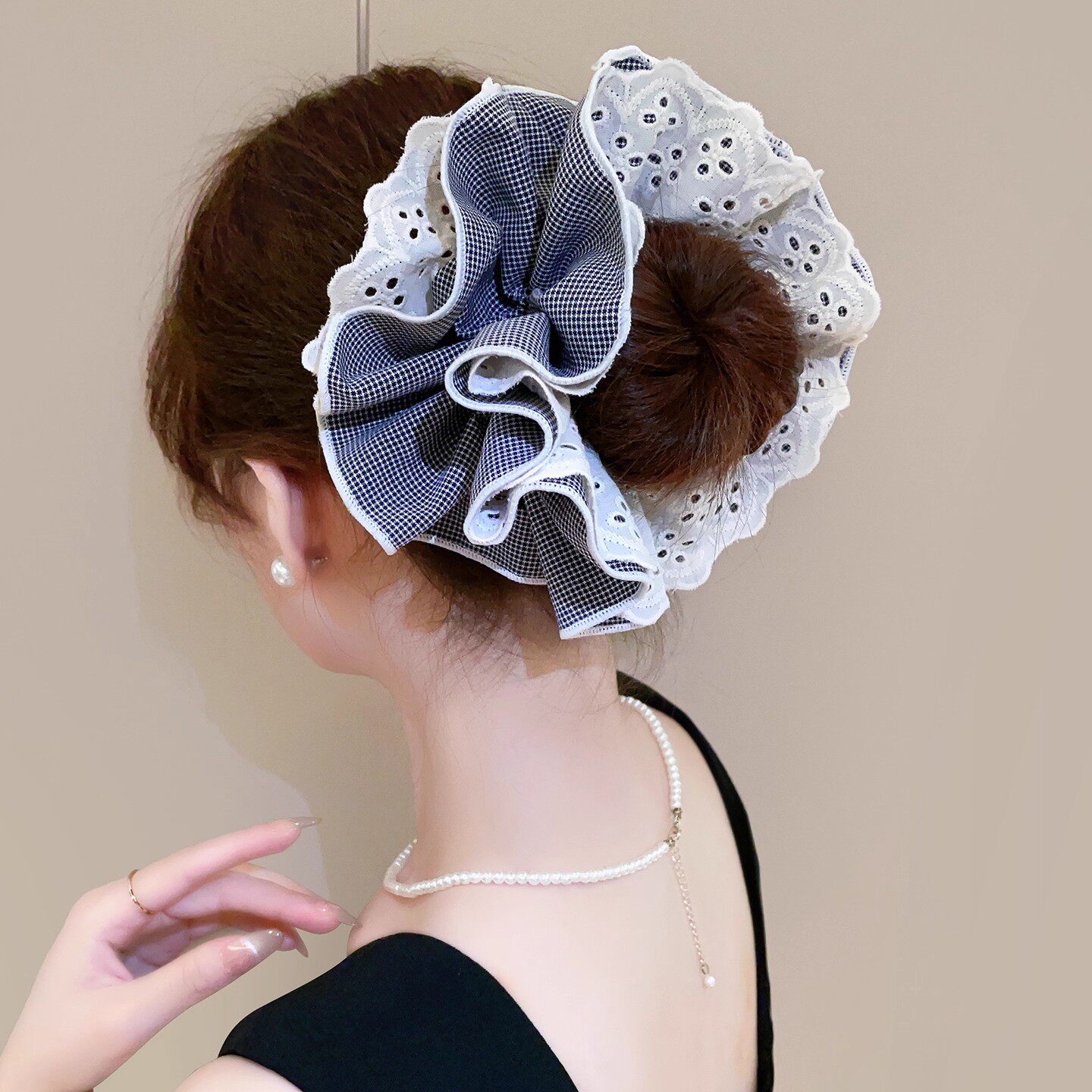Korean-Style Small Plaid Lace Double-Layer Waistband Scrunchie for Women, Sweet Bun Hair Tie, Low Ponytail Hair Accessory