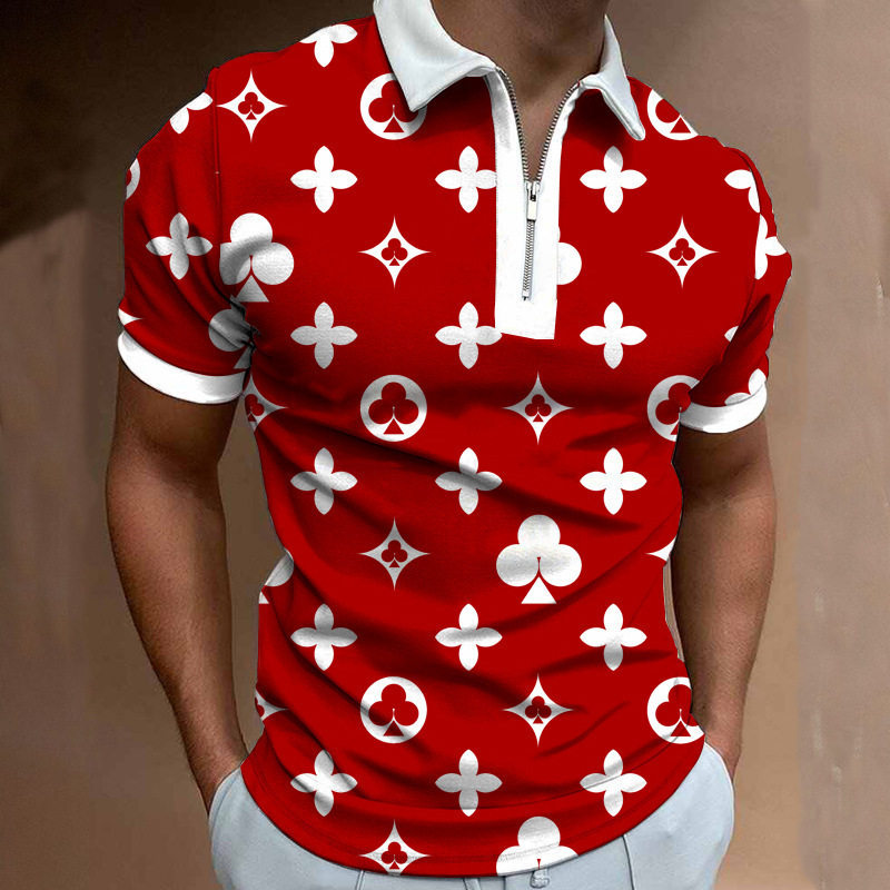 外贸亚马逊春夏新款男士翻领上衣数码印花时尚休闲拉链短袖Polo衫