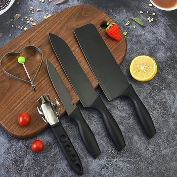 Hot Sale Black Blade Five-piece Set Household Kitchen Stainless Steel Cutter suit with Love Omelette Bottle Opener Color Boxed