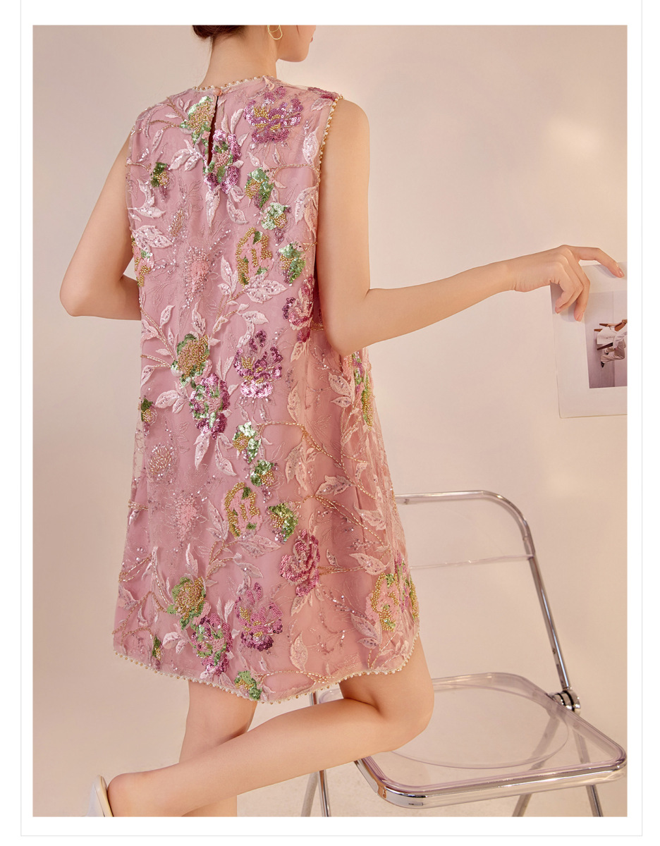Đầm liền thêu cao cấp không tay dáng chữ A phối sequin lấp lánh — Bột Begonia (giao hàng trong 7 ngày), Bột Begonia (phát hành trong cùng ngày)