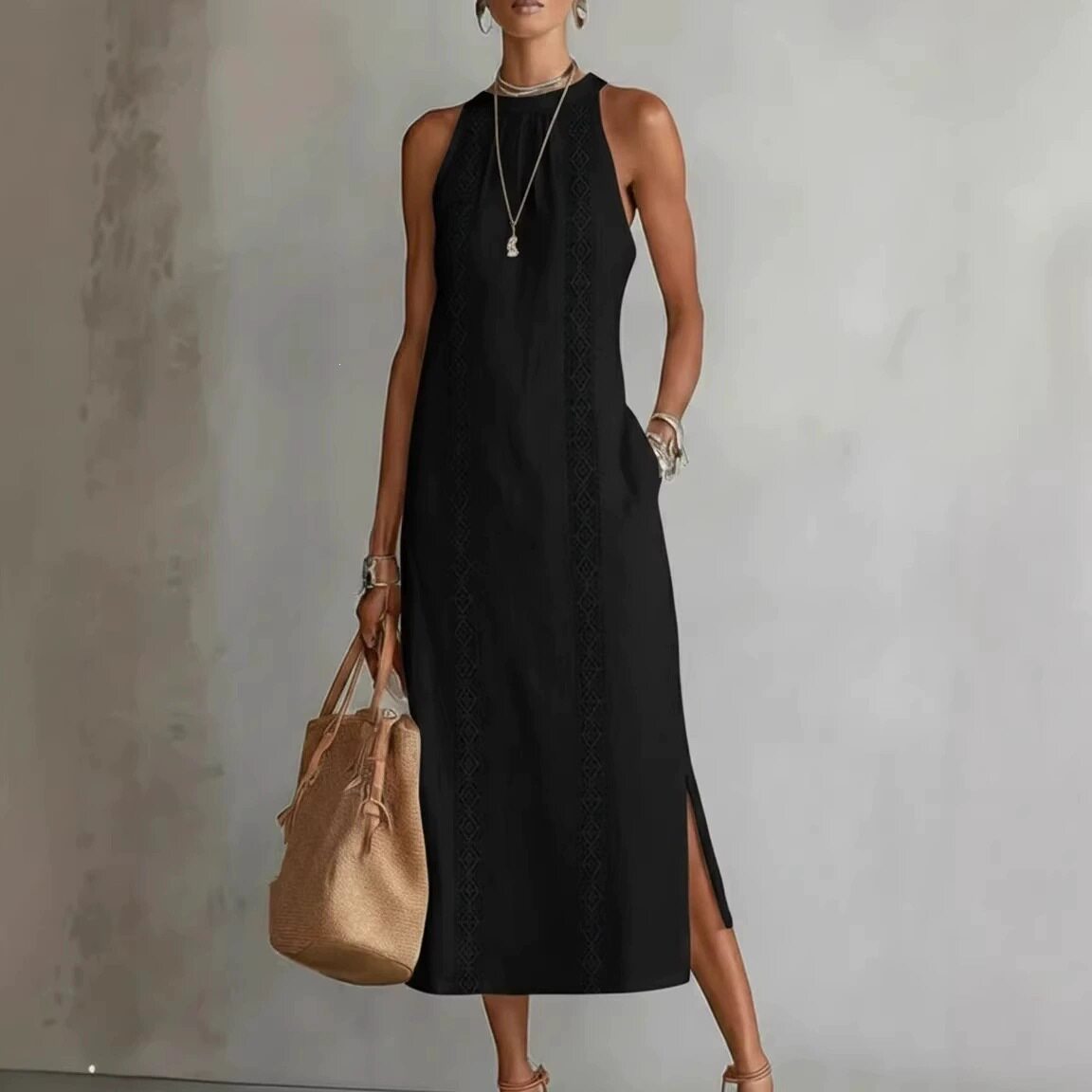 Summer Womens Dress Loose Fit Solid Color Waist Defined Long Length Beach Vacation Style Wholesale Available