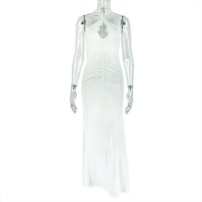 Summer and Autumn Womens Dress Slim Fit Solid Color Ruched Backless Cross Neck Elegant Party or Casual Wear