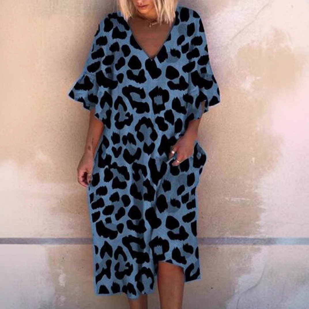 Leopard Print V Neck Ruffle Sleeve Plus Size Dress for Women Casual Summer Wear low MOQ