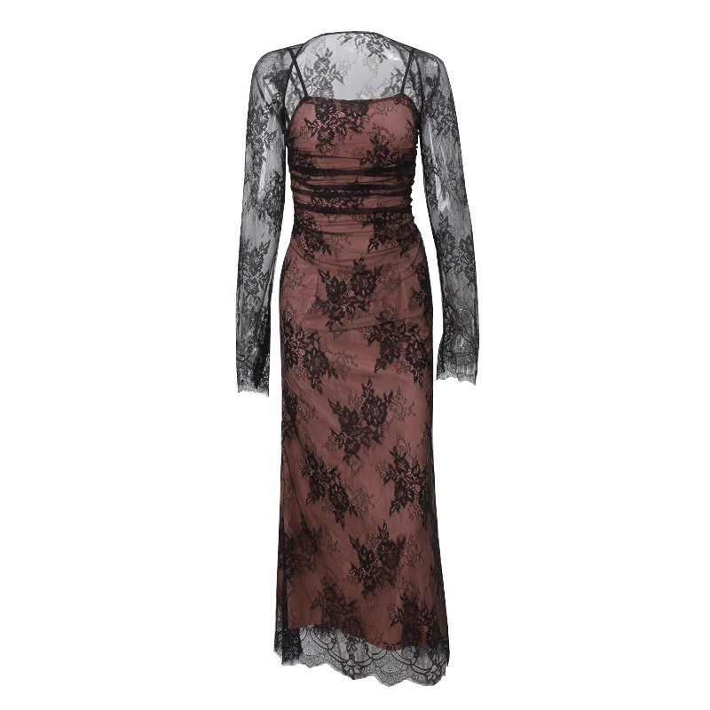 Womens Sleeveless Lace Maxi Dress Elegant Floral Design Long Sleeve Sexy Fit Perfect for Autumn Events Wholesale