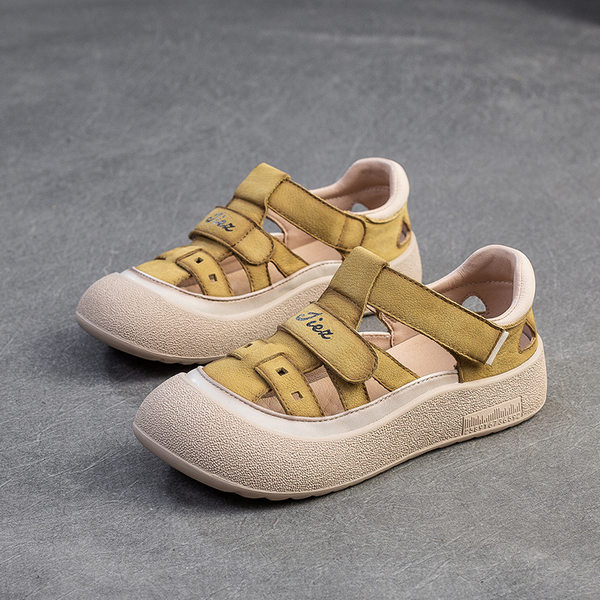 Dép Sandal Nữ Da Bò Lỗ Thoáng Khí Đế Cao 3cm - 4cm Màu Vàng, Đỏ, Kem