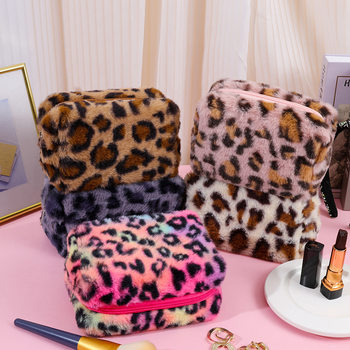 Cross-border hot selling leopard print plush octagonal cosmetic bag travel skin care storage bag travel cosmetics storage bag