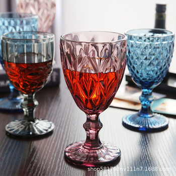 Factory Direct Sales Embossed Glass Red Wine Glass European Retro Color Goblet Wine Juice Glass Wholesale