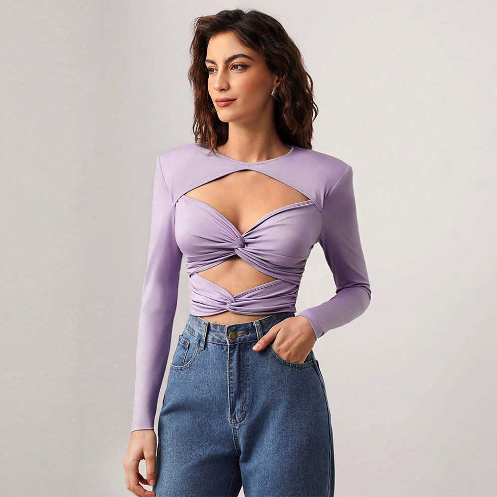 Sexy Hollow Out Long Sleeve Crop Top Slim Fit Milk Silk Fabric Trendy Design Perfect for Parties or Night Out
