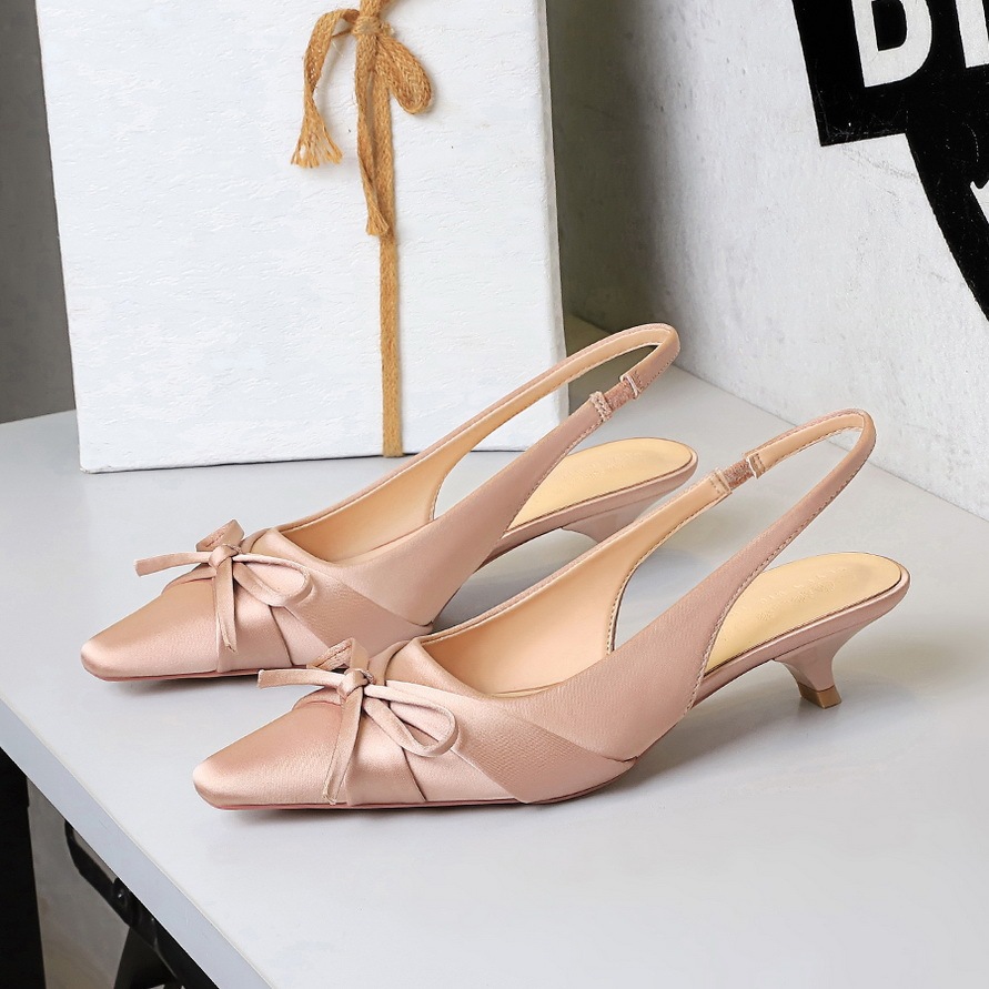 Giày cao gót mũi nhọn lụa satin thắt nơ quai hậu nữ tính — Màu đen, Màu đỏ rượu, Màu sâm panh