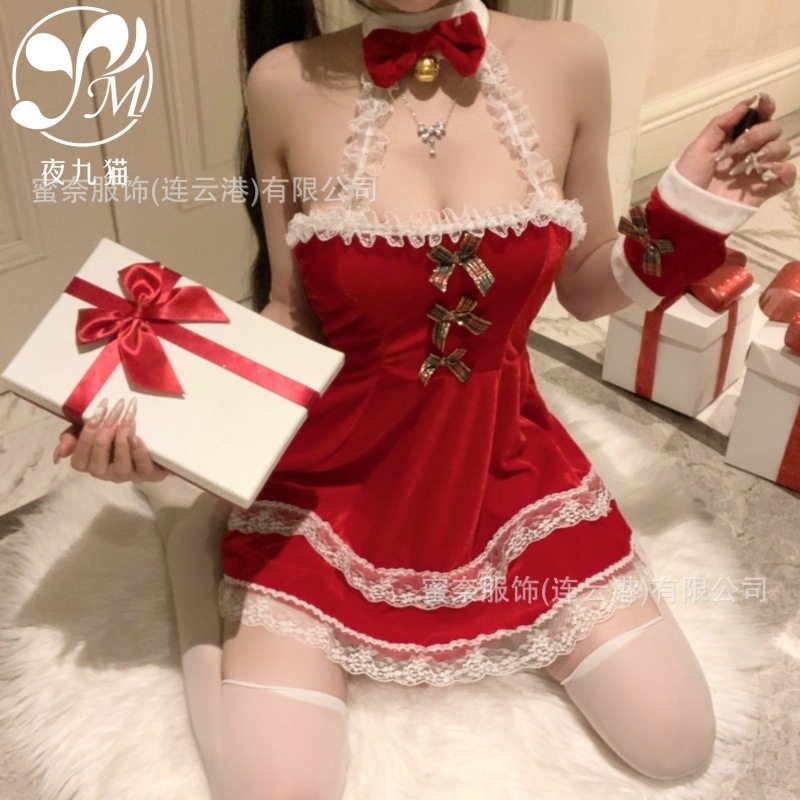 Christmas Velvet Tube Top Halterneck Naked Back Cute Christmas Elk Suit Sexy Intimates Sexy New Year's Shirt for Women