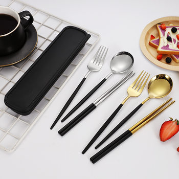 Stainless Steel Portable Tableware Fork Spoon Chopsticks Set Portuguese Three-Piece Set Travel Camping Office Worker Gift