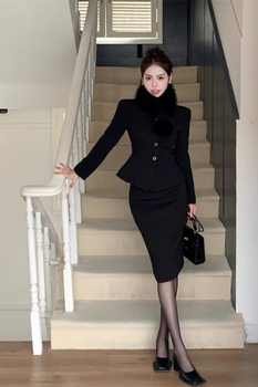 Rich Daughter-Like Suit for Women, Black Fur Collar, Waist-Cinching Suit, Short Jacket, Autumn and Winter Hip-Hugging Skirt Two-Piece Set