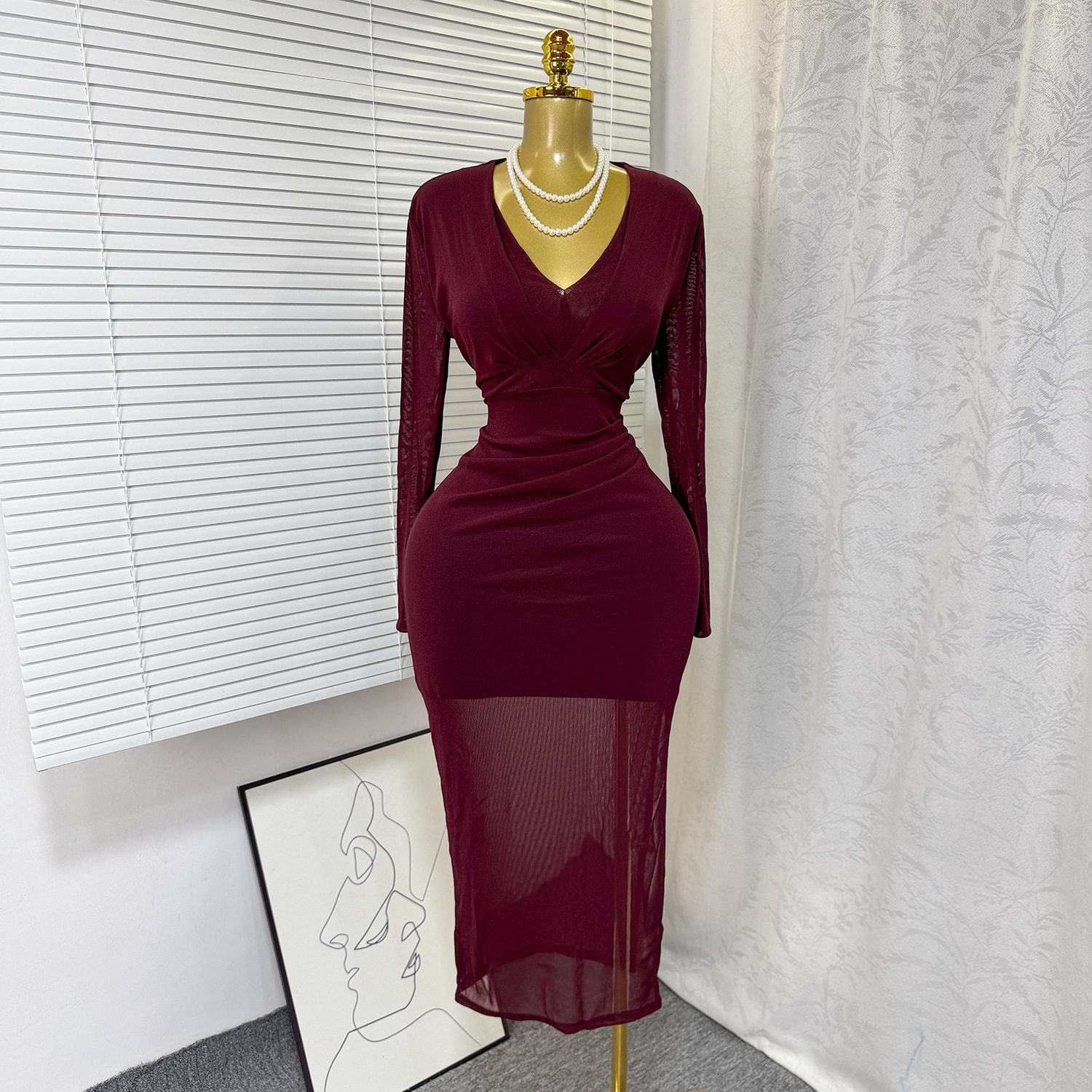V Neck Bodycon Dress Elastic Mesh Fabric Solid Color Mid Length Spring Fall Fashion Wholesale Available