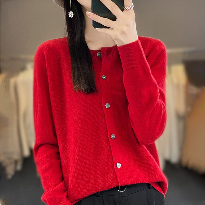 美丽诺纯羊毛开衫女一线成衣无缝一体金银丝外套针织长袖外搭毛衣