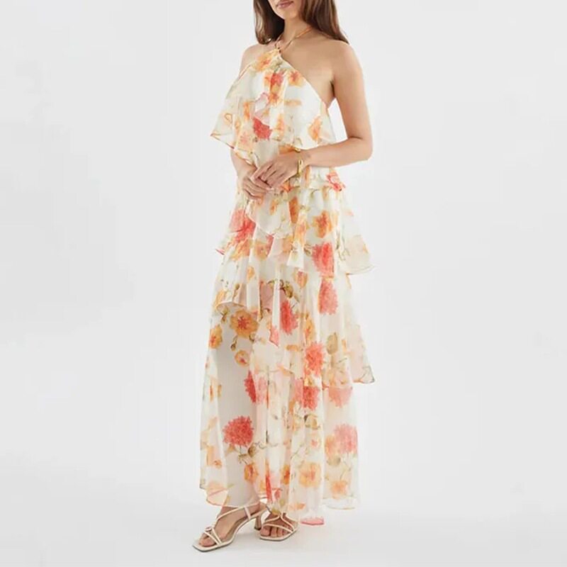 Womens Summer Maxi Dress Elegant Casual Loose Fit Floral Print Backless Perfect for Beach or Garden Parties