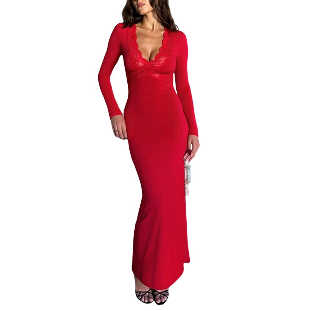 Red V Neck Lace Panel Long Sleeve Bodycon Mermaid Dress Elegant Sexy Slim Fit Perfect for Evening Events Wholesale