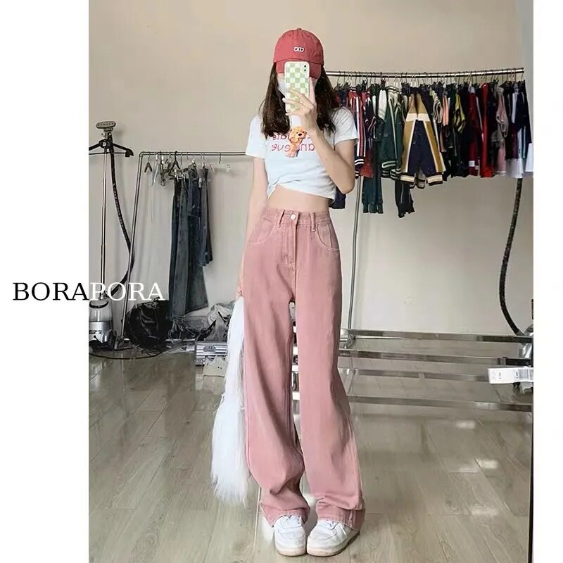 High Waisted Wide Leg Jeans for Women Dusty Pink Loose Fit Plus Size Street Style Perfect for Spring and Autumn