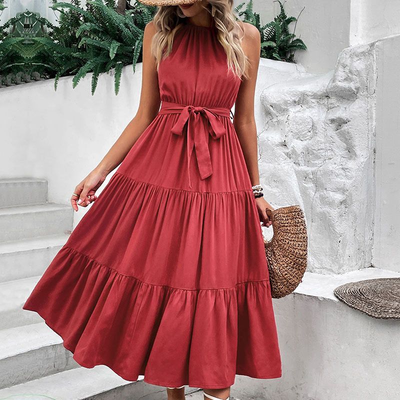 Elegant Solid Color Midi Dress Summer Style Halter Neck Comfortable Fabric Perfect for Casual Outings Wholesale