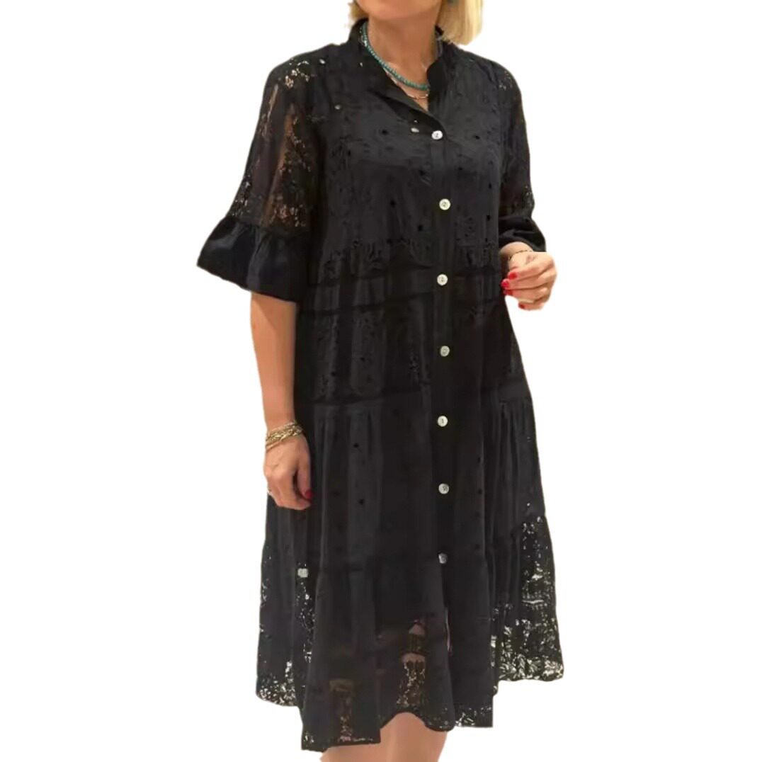 Summer Womens Dress Solid Color V Neck Button Detail Lace Insert Casual or Party Wear Wholesale Available