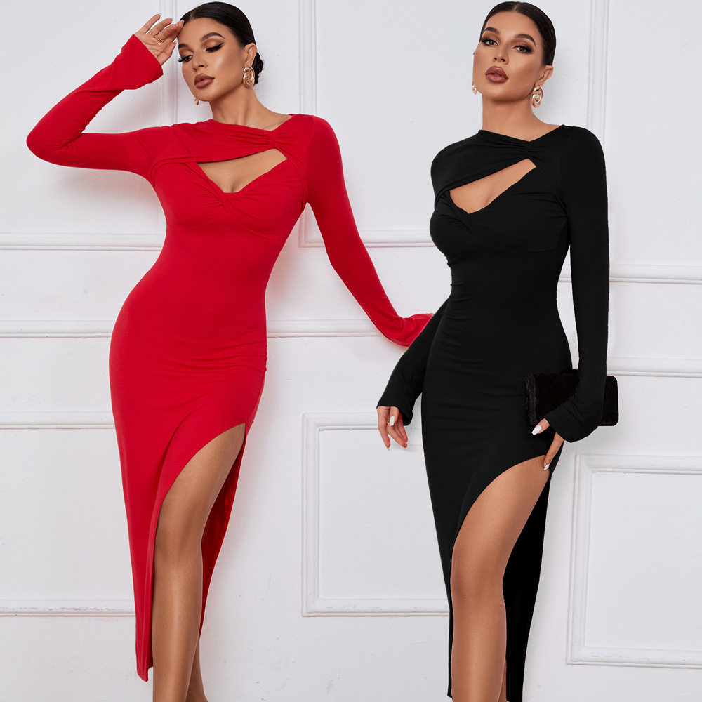Womens Bodycon Maxi Dress Slim Fit Sexy Split Long Sleeve Perfect for Parties or Evening Events Wholesale Available