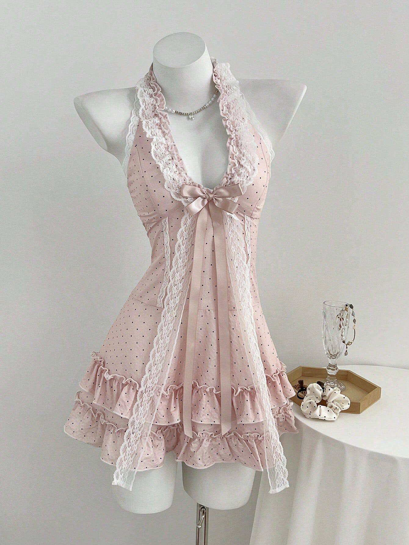 Polka Dot V Neck Cake Dress Bow Tie Neckline Waist Defined Womens Fashion Perfect for Parties and Events Ready to