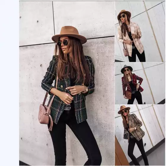 2025 Amazon Independent Site Wish New Style Autumn and Winter Long-Sleeved Double-Breasted Suit Collar Printed Small Jacket for Women