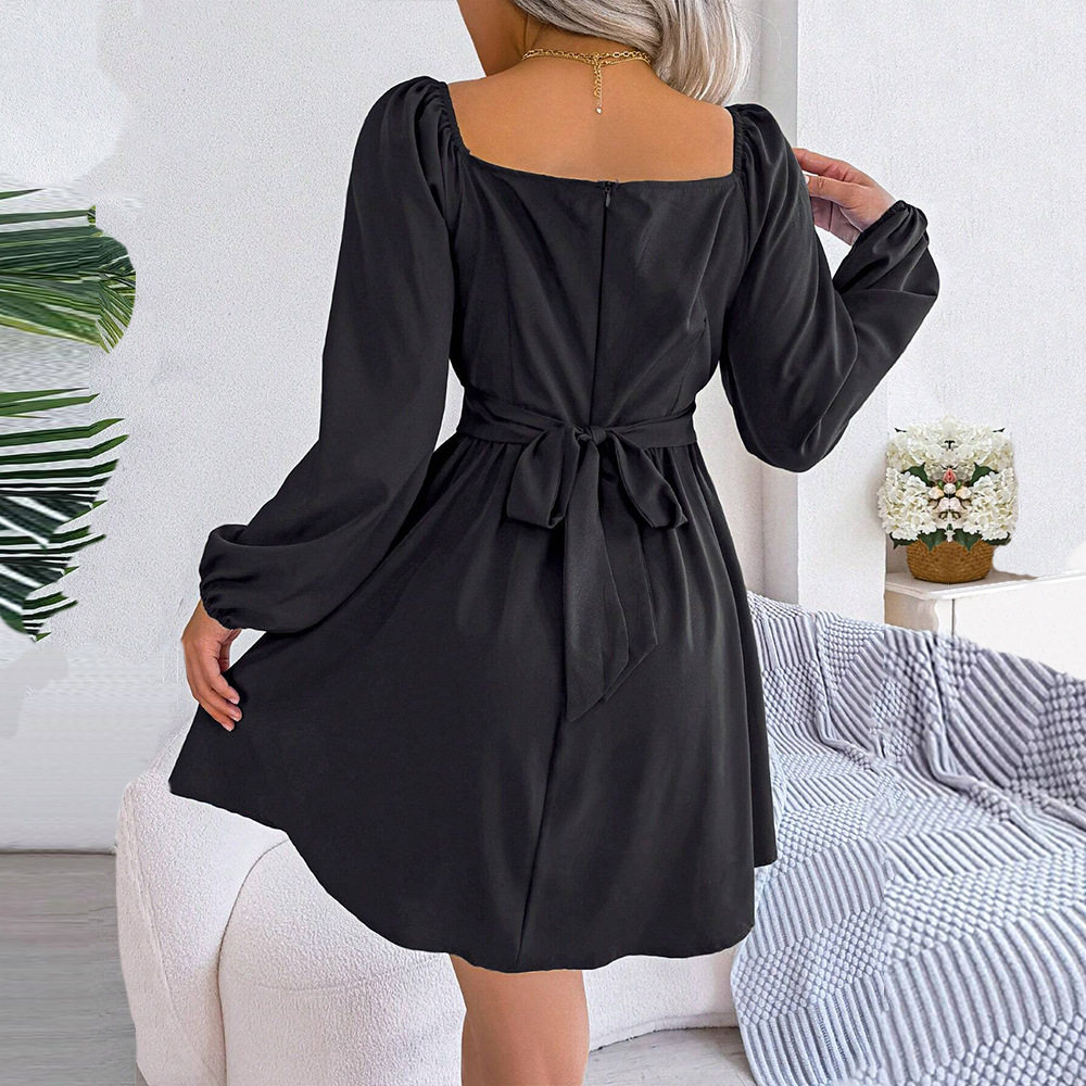 French Style Womens Dress Square Neck Pleated Waist Defining Slim Fit Autumn Winter Casual Wear Wholesale
