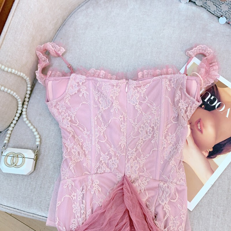 Đầm dây maxi nữ ren lưới phối nơ thắt eo dáng suông — Hồng phấn hồng phấn