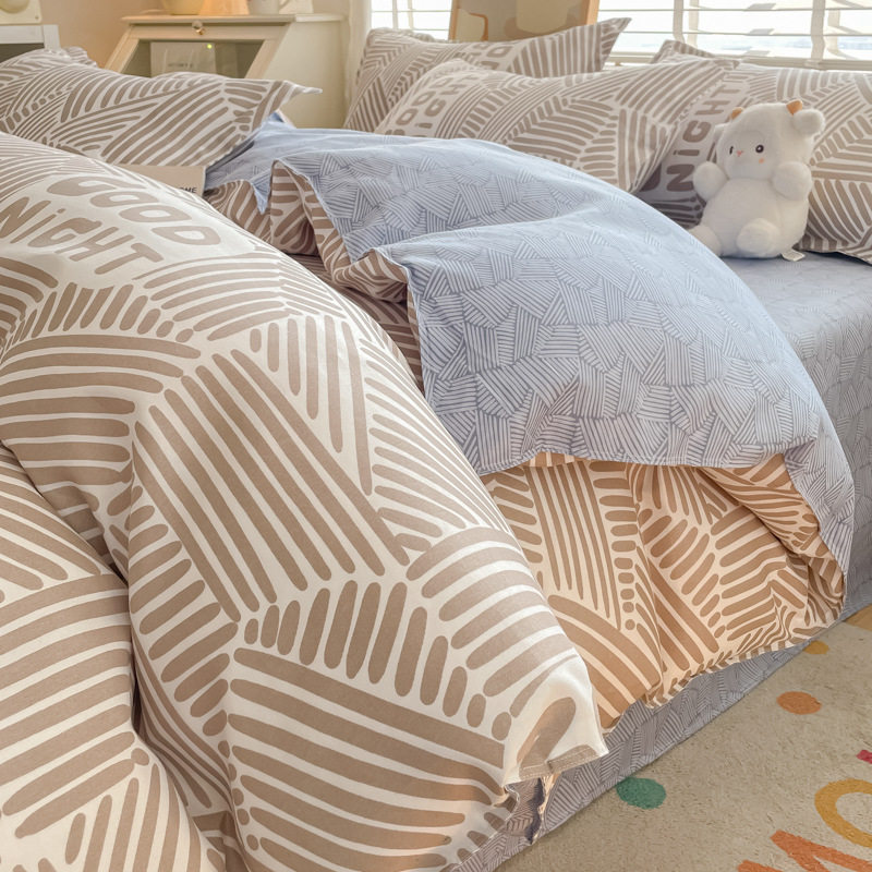 Category a Maternal and Infant Grade Ins Small Fresh Pure Cotton Brushed Four-Piece Set Skin-Friendly Bed Sheetss Washed Cotton Quilt Cover Dormitory Three-Piece Set