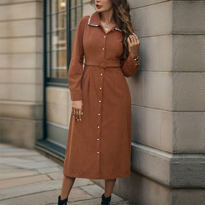 Corduroy Shirt Dress Vintage Floral Lace Collar Casual Elegance for Spring and Autumn Wholesale Available