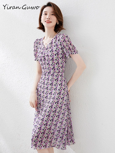衣然故我 Летнее платье, длинная юбка, в цветочек, средней длины, короткий рукав, А-силуэт, V-образный вырез